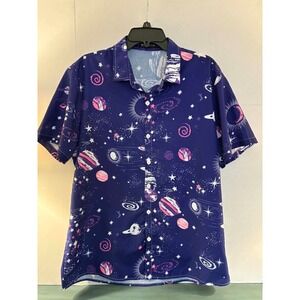 ROMWE Mens XL Galaxy Print Button Up Shirt Blue Cosmic Space Planets Stars Y2K